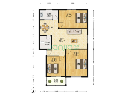 花园小区 3室1厅1卫 106平方