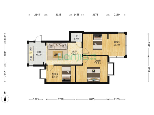 永和里6号院 3室1厅1卫 64平方
