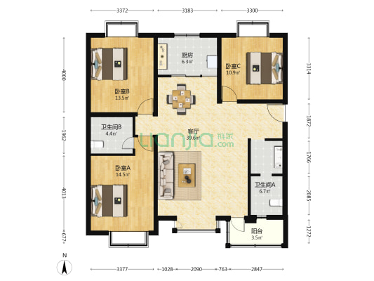 曦景长安 3室1厅2卫 130平方