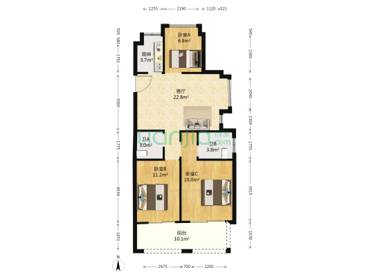 云弘景园 3室1厅2卫 100平方