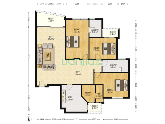 金亚花园 3室2厅2卫 189平方