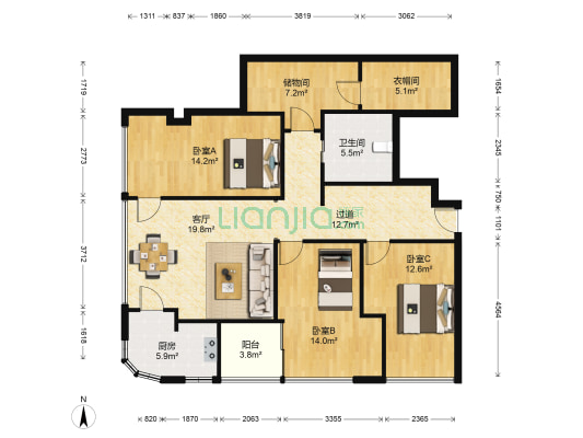 典雅 3室1厅1卫 121平方