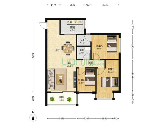 轨道御水悦居 3室1厅2卫 100平方