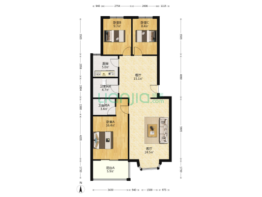 开发区地段南北通透小三居市政供暖水电-户型图