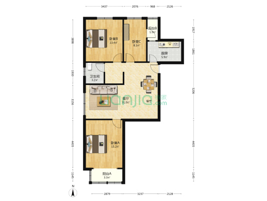 翔殷路352号 3室1厅1卫 117平方