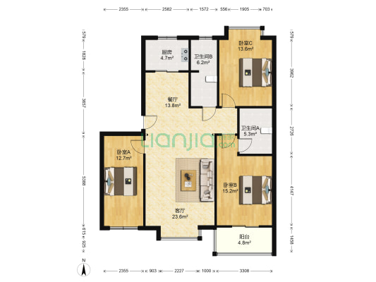名流枫景洋房大三居双卫，南北通透，简单装修-户型图