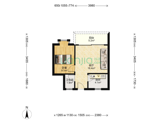 麦地南山庄二期 1室1厅1卫 46平方