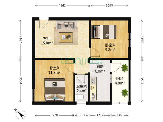 鼓楼南街174号 2室1厅1卫 58平方