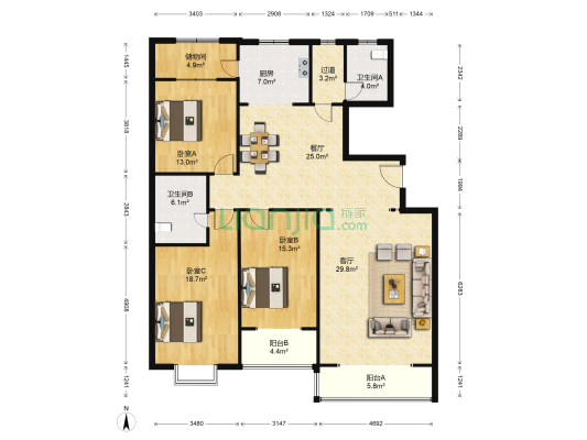东城新海枫景 3室2厅2卫 179平方