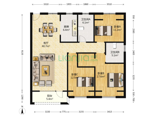 中海城尚城 3室1厅2卫 124平方