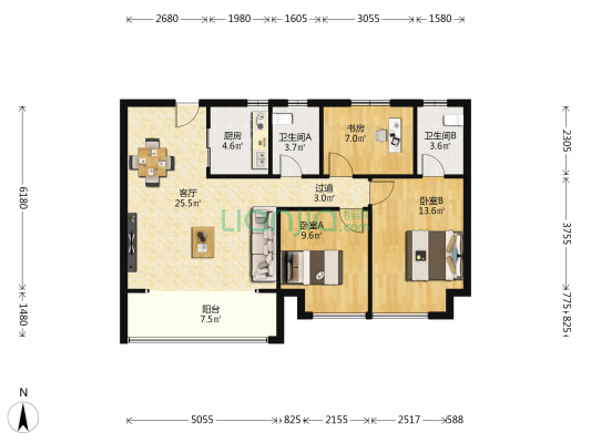 银城东樾府 3室1厅2卫 108平方