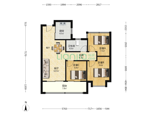 招商奥体公园三期 3室1厅1卫 92平方