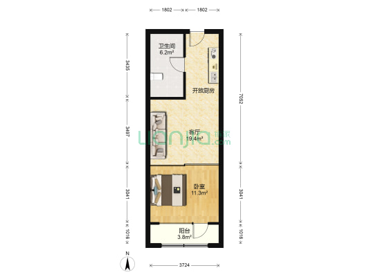 亿达春田蝶园 1室1厅1卫 52平方