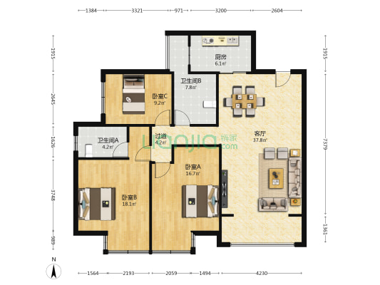 长水航城云杉苑 3室1厅2卫 122平方