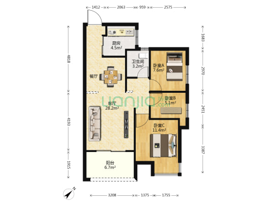 中铁城吉第二期 3室1厅1卫 77平方