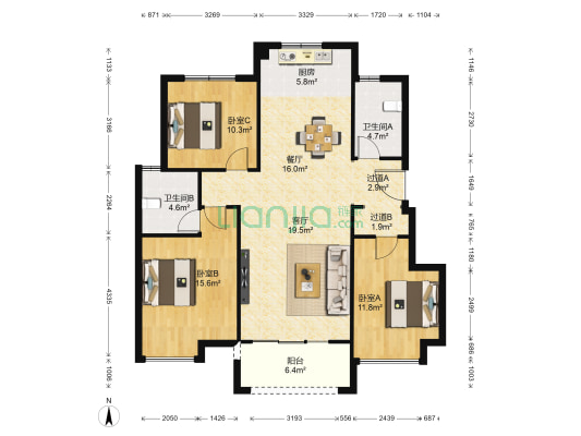华夏城 3室2厅2卫 123平方