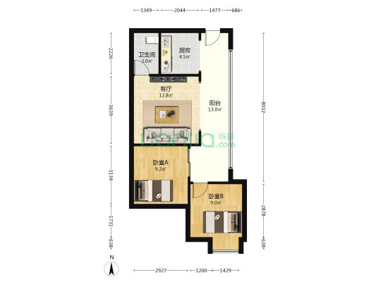 银河碧水蓝天二期 2室1厅1卫 61平方