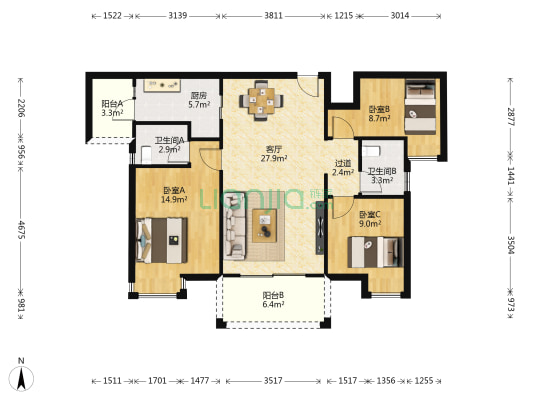 唯美尚筑 3室1厅2卫 104平方