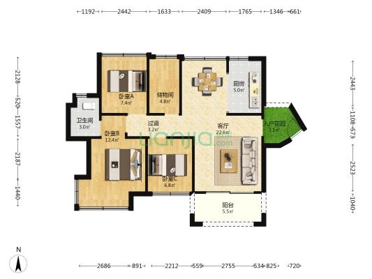 畔山悦海花园 3室1厅1卫 88平方