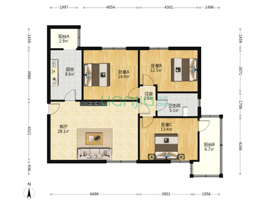 西安尚德大厦 3室1厅1卫 128平方