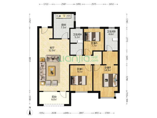 龙湖春江天玺 3室1厅2卫 118平方
