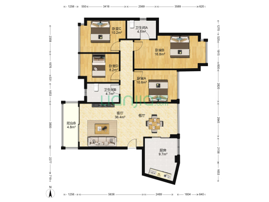 中海左岸岚庭 4室1厅2卫 122平方