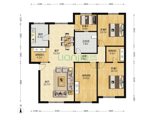 亚龙小区西区 3室2厅1卫 136平方