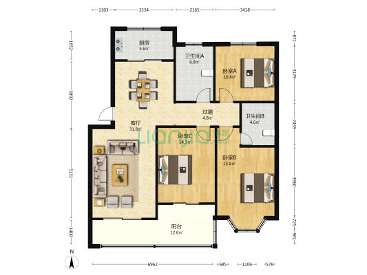 百合風華 3室1厅2卫 120平方