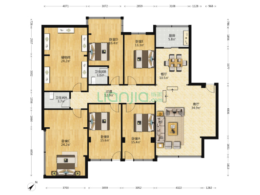 高知公寓 5室2厅2卫 152平方