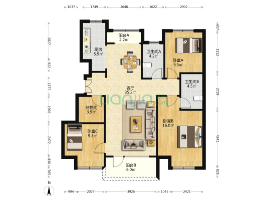 国际海洋智区云璟 3室1厅2卫 118平方