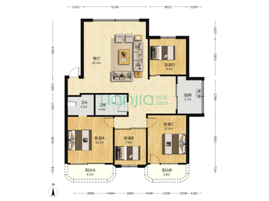 新龙津小区 4室1厅2卫 125平方