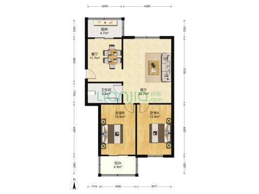太白庭院 2室2厅1卫 100平方