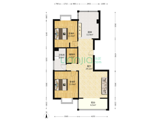 富通广场 2室1厅1卫 120平方