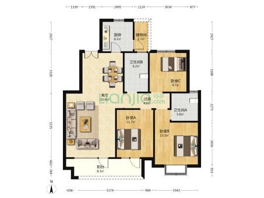 万德麒麟公馆二期 3室1厅2卫 130平方