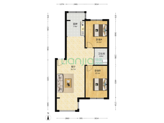 弘泽鸣邸 2室1厅1卫 90平方