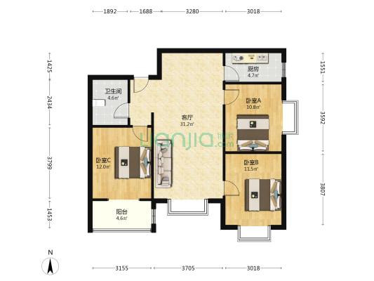 涿州高速口 名流美誉小区  东南向三居室 诚意出售-户型图