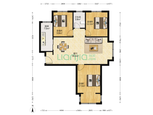 宏泰龙河枫景 3室1厅1卫 111平方