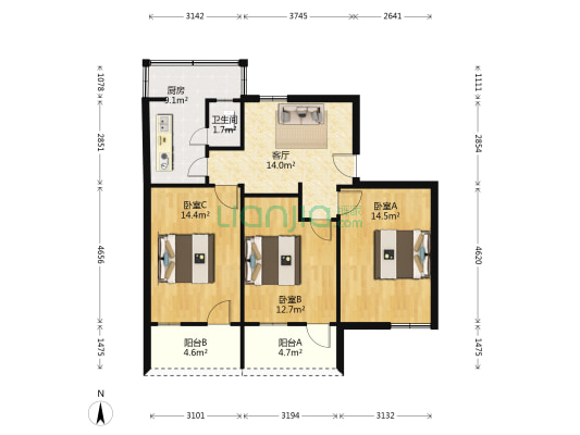 群众新村 3室1厅1卫 86平方
