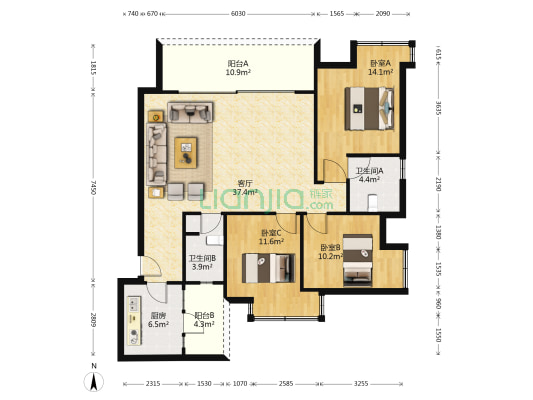 金科岭上C1区 3室1厅2卫 121平方