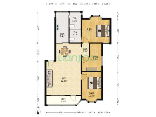 顺峰楼 3室1厅2卫 101平方