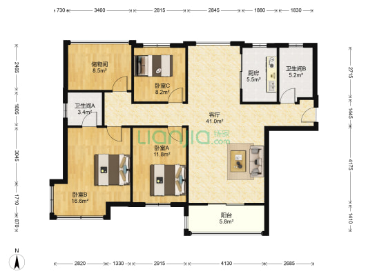 碧荷花园 3室1厅2卫 126平方