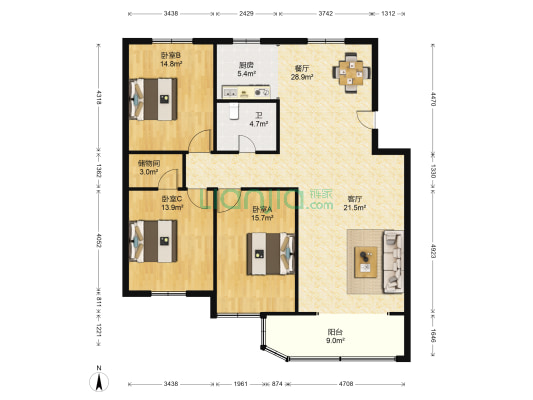 承天世纪花园 3室2厅1卫 137平方