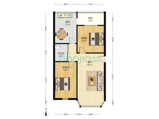 东方二区 2室1厅1卫 80平方