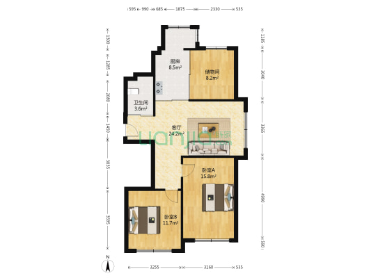 天润中华城A区 2室1厅1卫 95平方