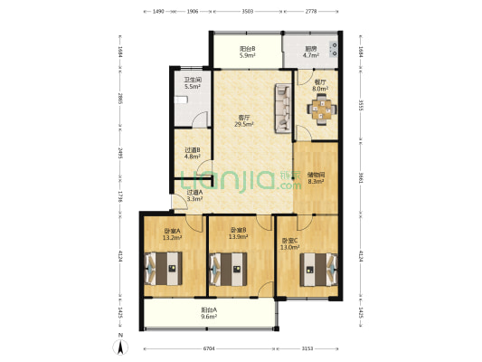 北关街办宿舍 3室2厅1卫 133平方