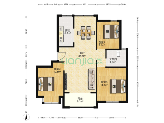 河畔春风 3室1厅1卫 118平方