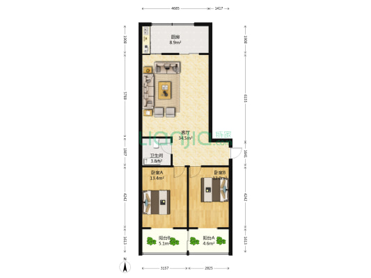 鑫苑小区 2室1厅1卫 95平方