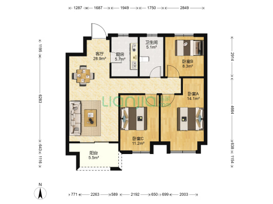 公元壹号橡树园 3室1厅1卫 97平方