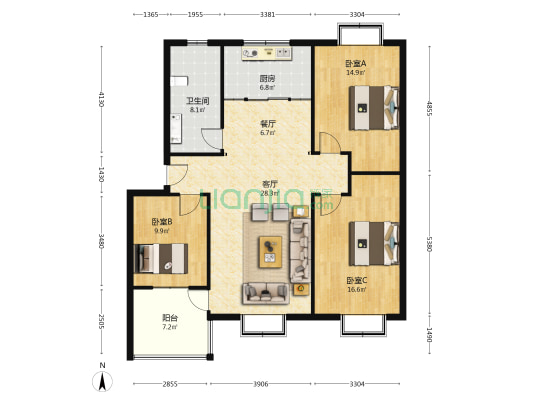 丽都花园(淄川区) 3室2厅1卫 120平方