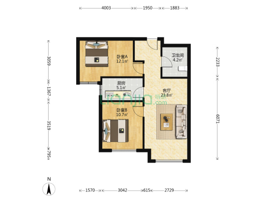 高铁新干线 2室1厅 南-户型图